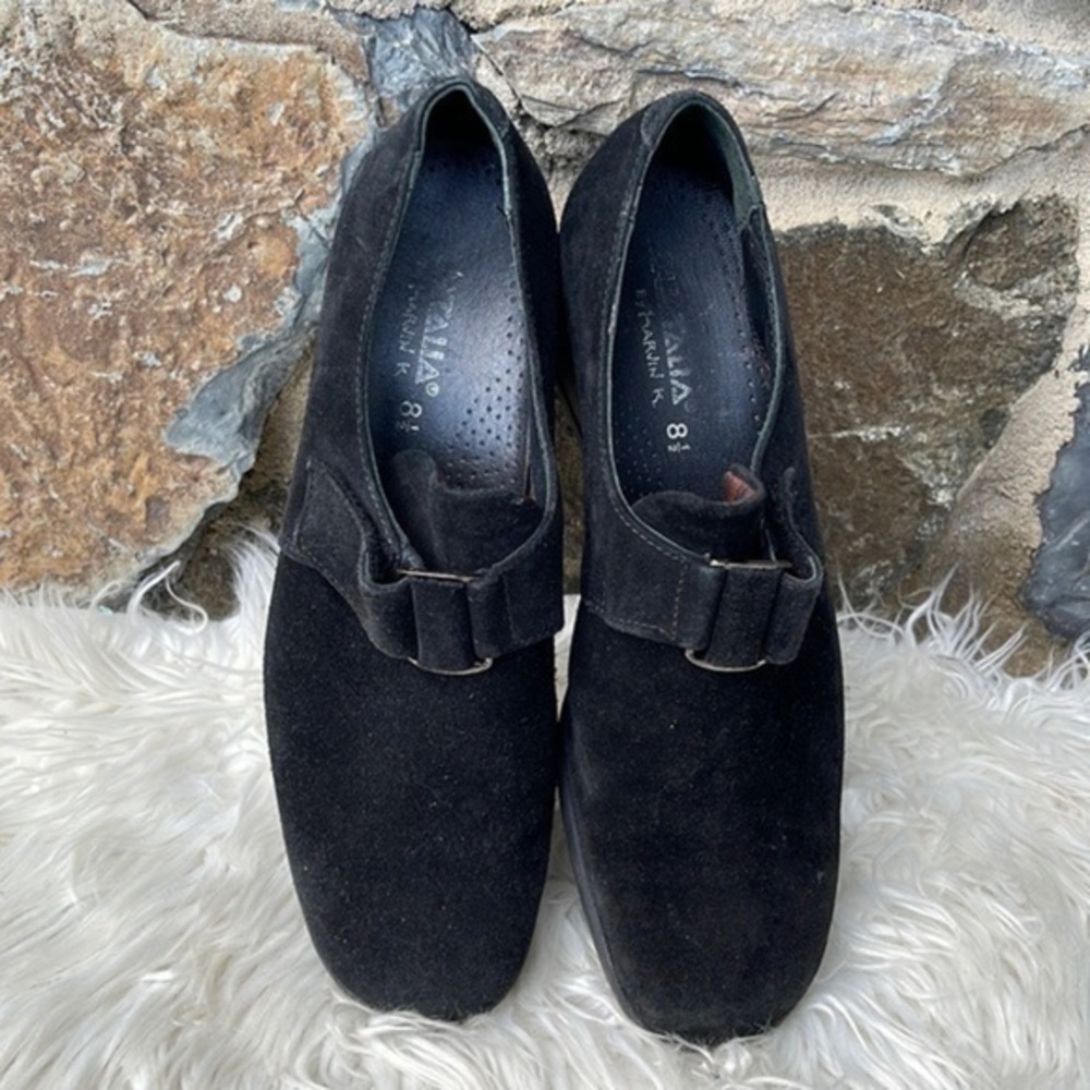 Aquatalia Buckle Front Suede Slip On Wedge Loafer Shoes in Black Size 8.5